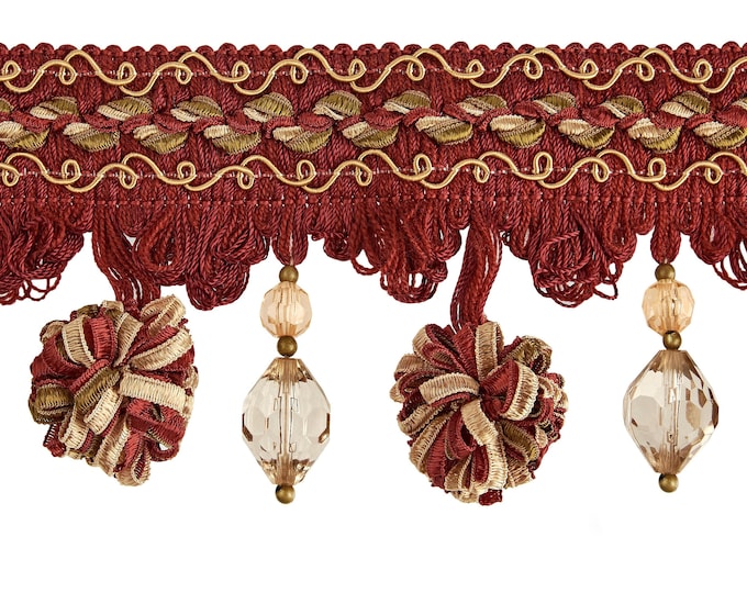 Red Wine Gold Beaded Onion Trim Fringe | 8 cm - 3.15 inches height Red Tassel fringe trim with beads and balls