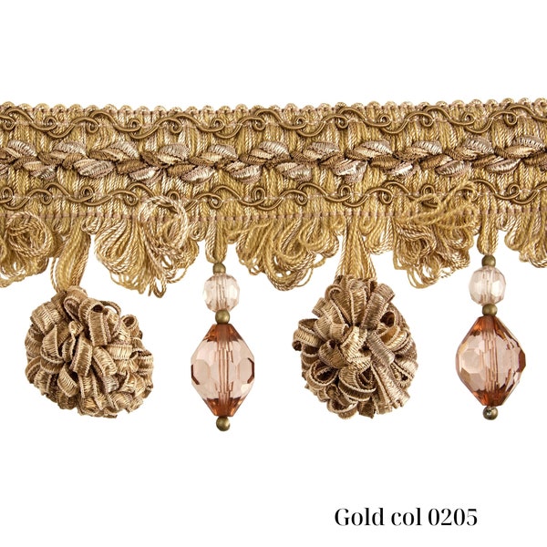 Bordure d’oignon perlée beige or |  8 cm - 3,15 pouces hauteur | Garniture à franges à gland avec perles et boules
