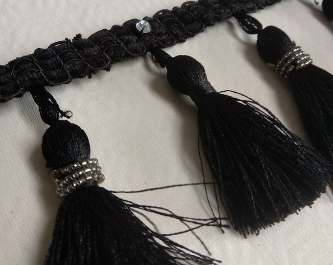 Black Beaded Trim Fringe |10cm-3.94" height | Diamond Collection | Gold Fringe Trimming with crystal beads and strass