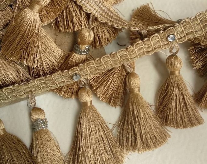 Beige Gold Beaded Trim Fringe |10cm-3.94" height | Diamond Collection | Gold Fringe Trimming with crystal beads and strass