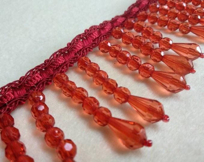 Red Crystal Beads Fringe Trimming | 5 cm - 2 inches Height Luxury Beaded Fringe Trims
