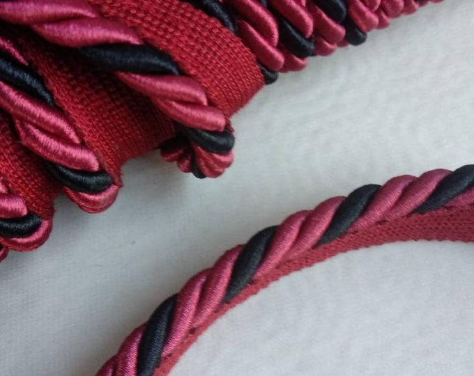 8mm-0.35" Rayon Flanged Piping Cord | Red Black Twisted Upholstery Piping Cord by the meter