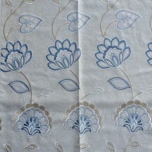 Blue Beige Embroidery Floral Curtain Fabric | Double Height 300cm/118inches