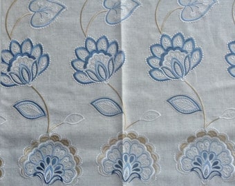 Blue Beige Embroidery Floral Curtain Fabric | Double Height 300cm/118inches
