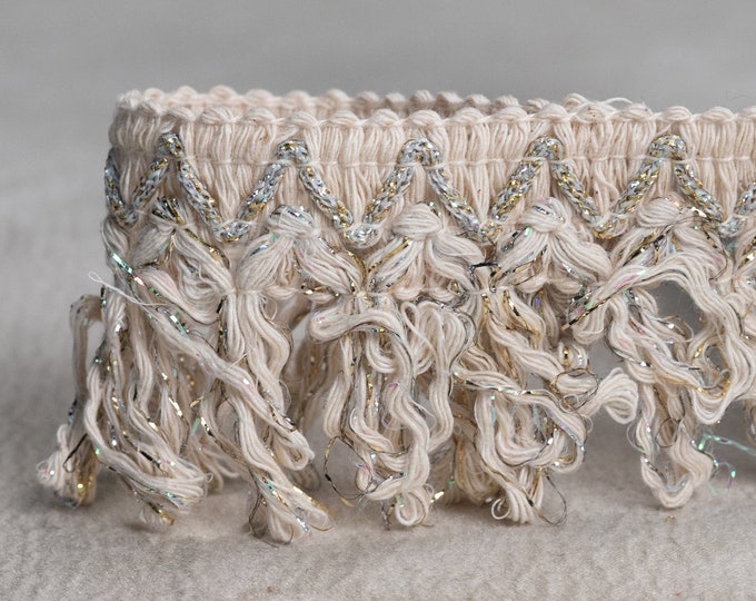 5cm-1,96"  100% Cotton Lurex Curly Fringe Trim | Ivory Cotton Bullion Fringe | Sold by the meter