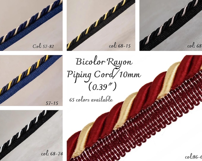 10mm (0.39") Rayon Flanged Piping Cord |Two Toned Twisted Cord for Cushions, Upholstery | Silky Piping Cord by the meter