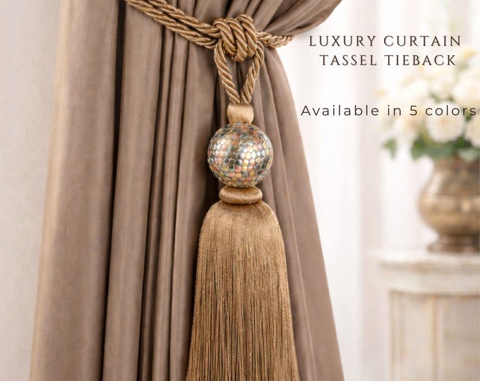 Metallic Knot Curtain Tieback with Tassel | Modern Drapery Holdback | Decorative Curtain Belt | 5 Colors Available