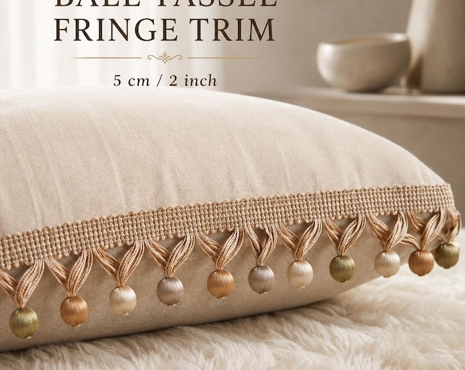 Gold Beige Ball Tassel Fringe 5cm (2") | Decorative Tassel Trim for Cushions, Curtains & Upholstery | Fringe Trim by the Meter