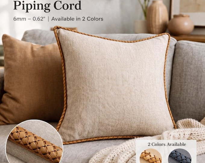 Braided Leather Piping Cord 6mm (0.62") | Upholstery Trim for Cushions Sofas | Decorative Cushion Edge Trim | Camel & Grey