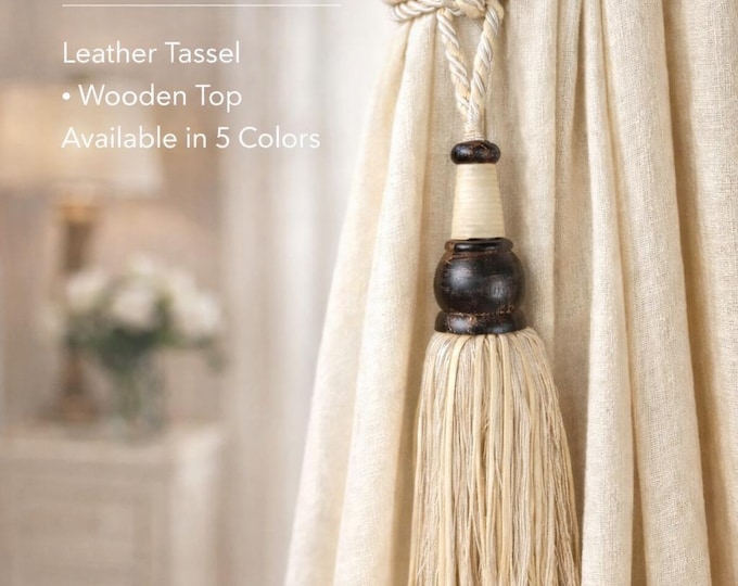 Curtain Tassel Tieback Wood & Faux Leather Rope Tie Back | Large Antique Curtain Holdback | Decorative Drapery Tieback
