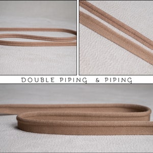 Könnte beinhalten: Ein hellbraunes Textilband mit Doppelpaspelierung und einfacher Paspelierung mit gerippter Textur. Das Bild enthält den Text DOUBLE PIPING & PIPING und zeigt die gekordelten Kanten des Stoffbesatzes in drei verschiedenen Ansichten.