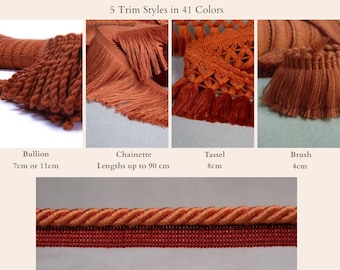 Matching Trim Collection – Bullion, Tassel, Chainette & Brush Fringe | Same Color Upholstery Trims | 41 Colors by the Meter