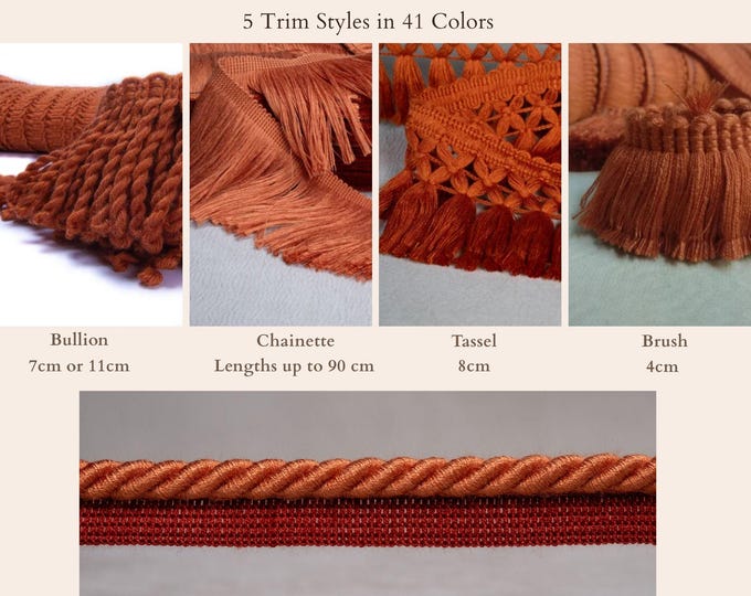 Matching Trim Collection – Bullion, Tassel, Chainette & Brush Fringe | Same Color Upholstery Trims | 41 Colors by the Meter