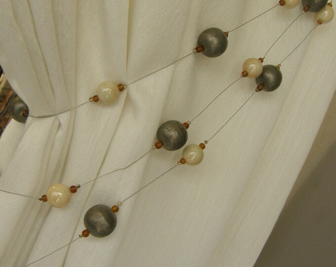 Antique-Ecru Metallic Balls & beads Curtains Triple Embrasse Tiebacks|1meter Length Triple Embrasse Tassel Beads and Metal Drapes Tiebacks