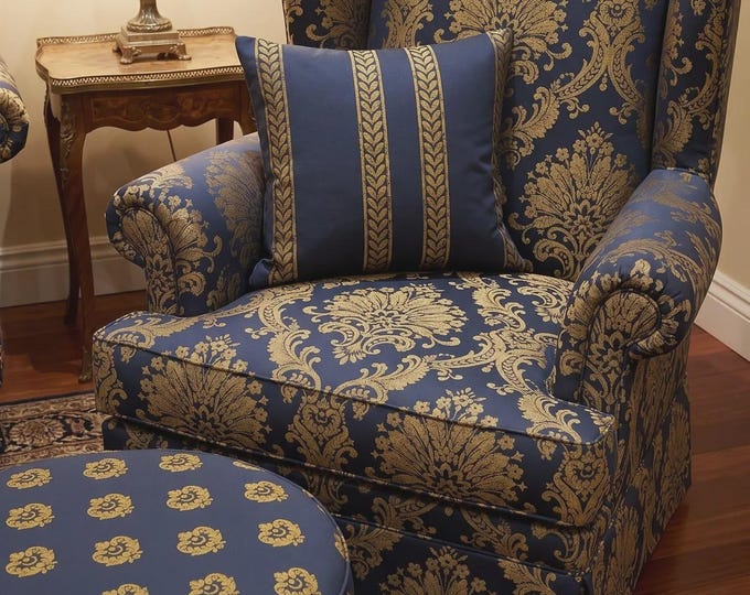 Blue Gold Large Regal Damask Jacquard Fabric,Stripes & Small floral design/Upholstery,Drapery,Decor,Cushions,Costume/280cm-110":Wide