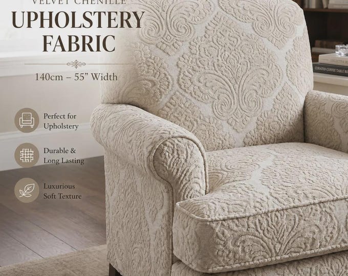 Velvet Beige Natural Sand Classic Chenille Upholstery Fabric | 140 cm - 55 inches Width Upholstery Fabric