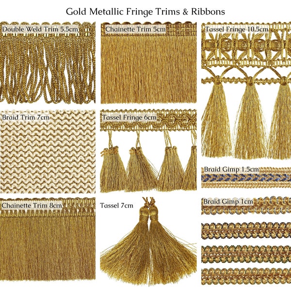 Gold Metallic Threads Lace Ribbon Trims Collection|Chainette Fringe Ecclesiastical gold decorative braibs and tassels  Fringes by meter