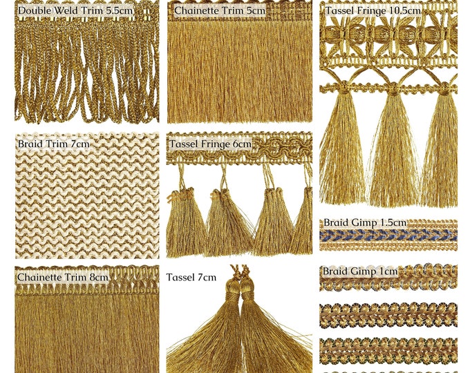 Gold Metallic Threads Lace Ribbon Trims Collection|Chainette Fringe Ecclesiastical gold decorative braibs and tassels  Fringes by meter