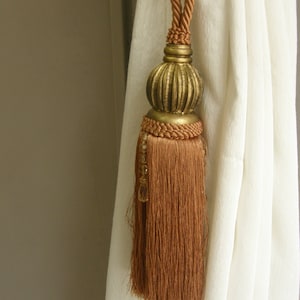 Rusty Copper Gold Wood Knot Tassel Curtains Tieback and beads|Rusty Copper Tassel Golden Wood Curtains Tieback-Drapes Holdback Tassel beads