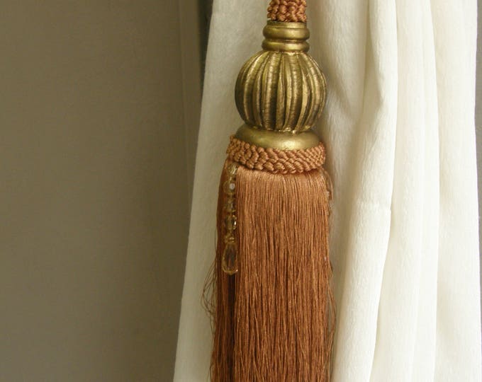Rusty Copper Gold Wood Knot Tassel Curtains Tieback and beads|Rusty Copper Tassel Golden Wood Curtains Tieback-Drapes Holdback Tassel beads