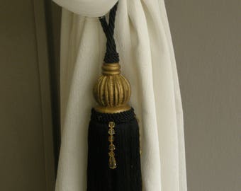 Fermacravatta per tende in legno intagliato oro antico con perline nere - Fermacravatta/Lunghezza totale senza cordone 30 cm / mezza corda 50 cm, doppia corda 1 m
