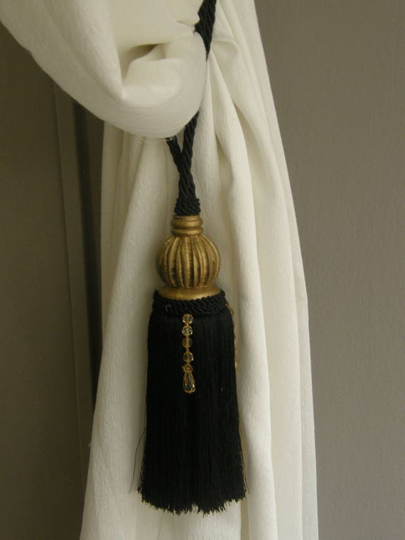 Black Gold Knot Tassel Curtains Tieback Holdback And Beads Etsy