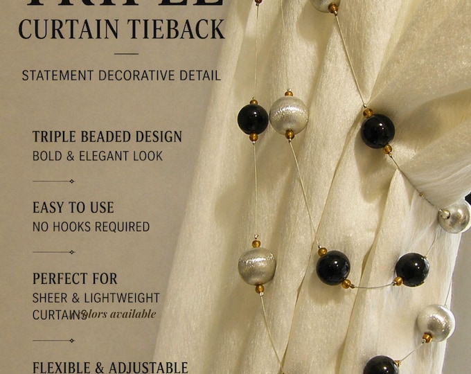 Luxury Curtain Tieback Triple Strand |Black Silver Beaded Curtain Holdback | Metallic Ball Drapery Tie Back | Elegant Window Decor | 1 Meter