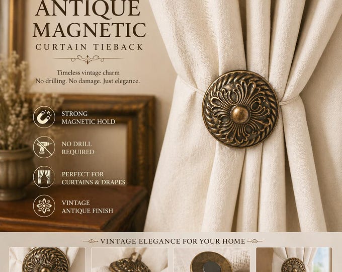 Antique Brass Curtain Tieback Magnetic Vintage Holdback No Drill Classic Drapery Clip Retro Curtain Accessory