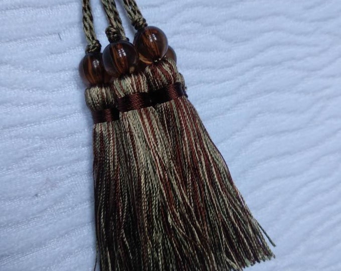 Brown Beige Oil Green Mini Tassel With Beads | 9cm-3.54 inches Height With Loop | Silky Colorful Tassel