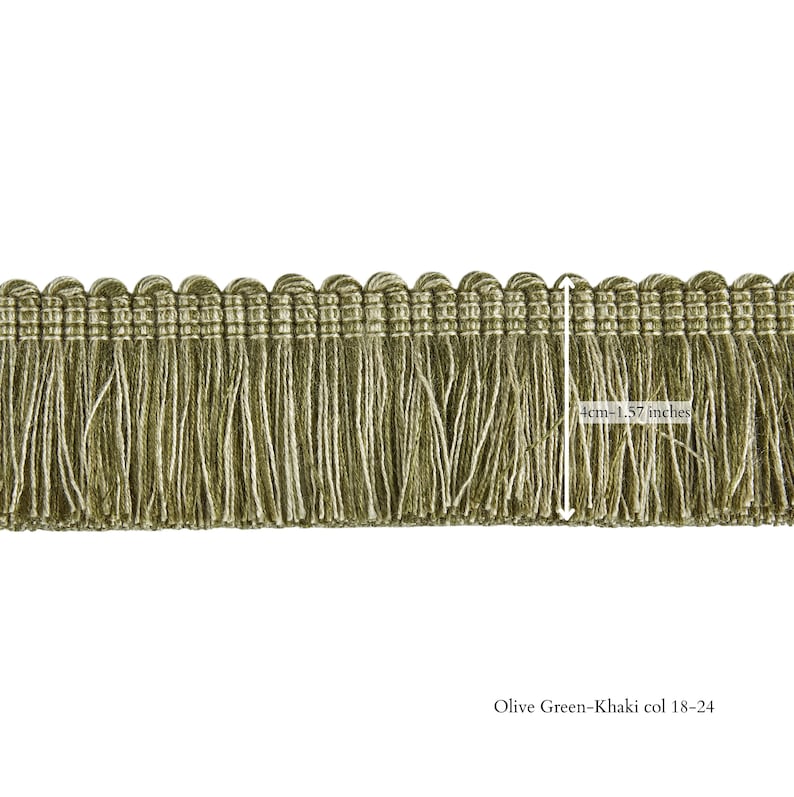2 Toned Brush Fringe Trim 4cm-1.57inches height rich brush fringe trimming by the meter Olive Green 18-24