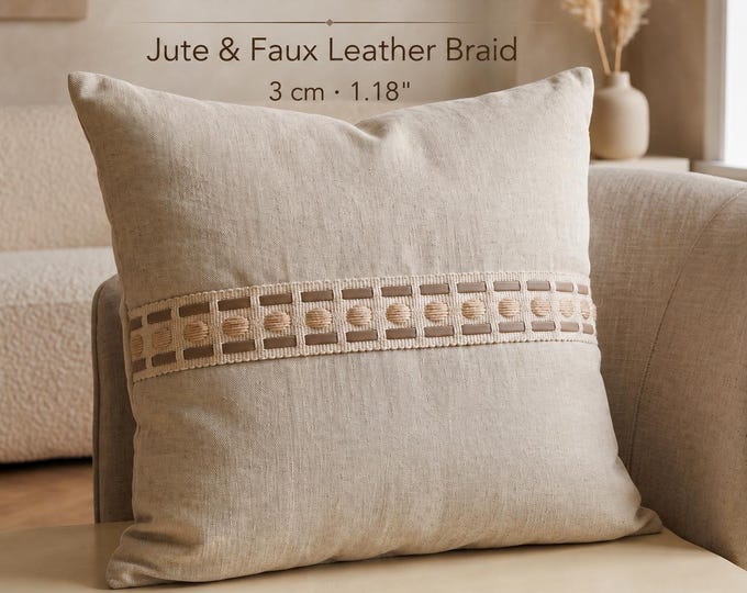 Natural Jute & Faux Leather Braid Trim 3 cm – Woven Upholstery Gimp – Decorative Trim by the Meter