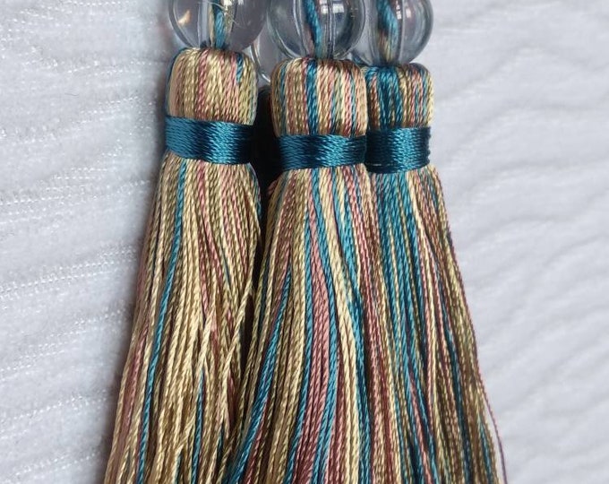 Blue Green Ivory Pink Mini Tassel With Beads | 9cm-3.54 inches Height With Loop | Silky Colorful Tassel