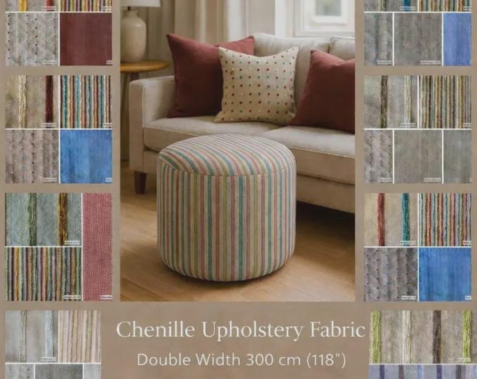 Stripes Chenille Upholstery Fabric|Double Height 300cm-118inches Cotton Chenille Stripes & Dots Upholstery Fabric | Sold by meter