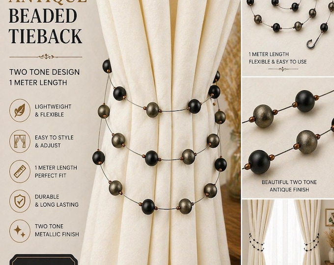 Black & Antique Beaded Curtain Tieback 1 Meter | Two Tone Metallic Tie Back Triple Strand | Elegant Curtain Holdback