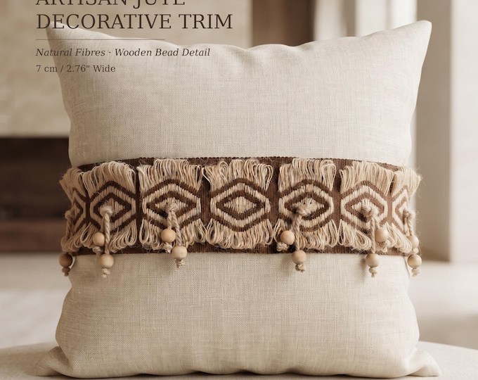 Natural Jute Braid Trim with Wooden Beads | 7cm Wide Decorative Upholstery Trim | Woven Cushion & Curtain Border | Sold by the Meter
