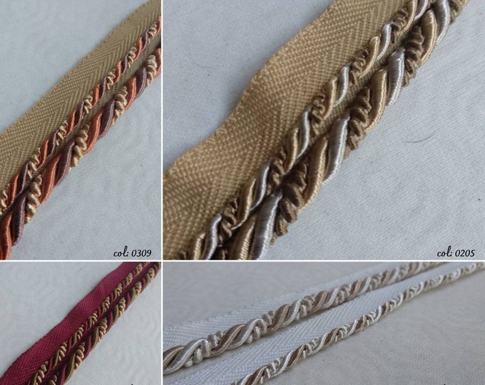 8mm or 4mm Rayon Flanged Piping Cord | 4 Colors | Twisted Upholstery Piping Cord by the meter