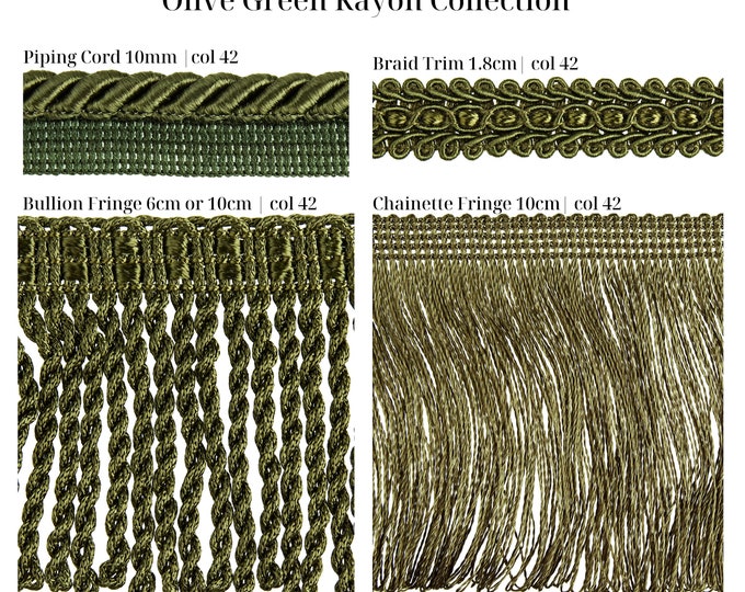 Olive Oil Rayon Fringe Trims Collection | Cords, Braid Gimps, Chainette Fringe, Bullion Fringe & more