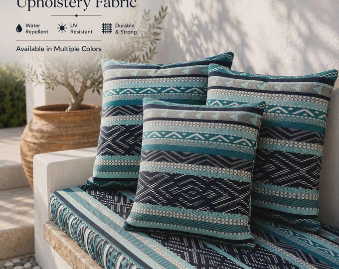 Outdoor Collection Ethnic Kilim Jacquard Upholstery Fabric |140cm-55inches width Outdoor Ethnic Kilim| Water Repellent Outdoor Boho Fabric