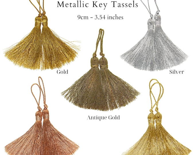 Metallic Fiber Key Tassels | 9cm-3.54 inches Height Plus Loop Gold Key Tassels | Gold Decorative Ecclesiastical Tassels