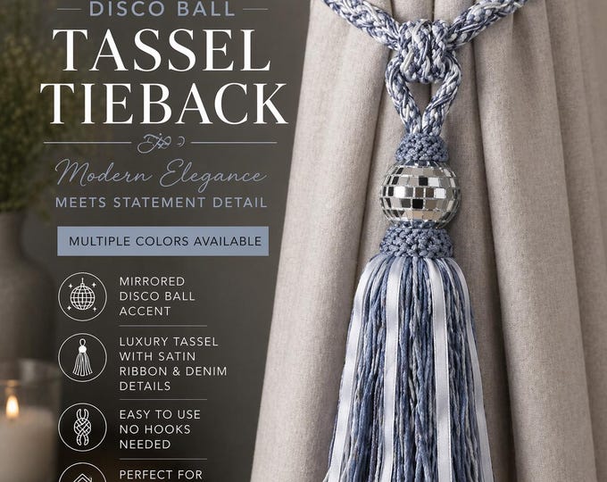 Luxury Curtain Tieback with Tassel | Disco Ball Curtain Holdback | Modern Chenille Tassel Tie Back | Decorative Drapery Tieback | Home Decor
