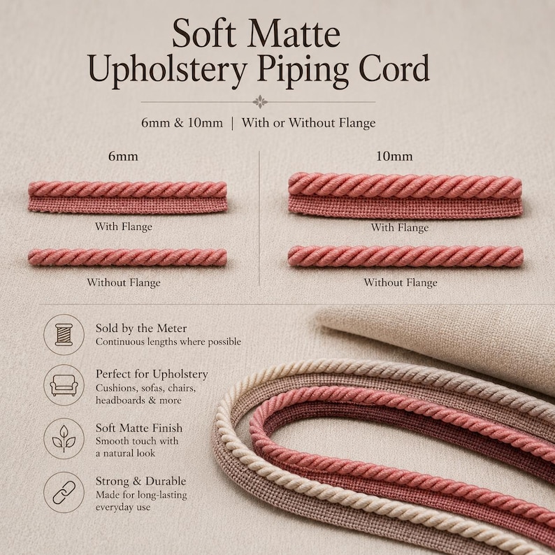 May include: Soft matte upholstery piping cord in shades of pink and beige. The image shows 6mm and 10mm cord options, with and without flange. The text indicates the cord is sold by the meter and suitable for upholstery projects like cushions and headboards.