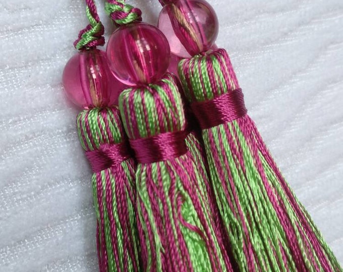 Light Green Fuchsia Mini Tassel With Beads | 9cm-3.54 inches Height With Loop | Silky Colorful Tassel