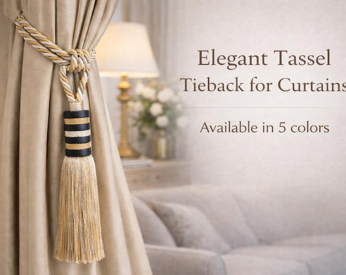 Modern Tassel Curtain Tieback with Black Wooden Rings | Luxury Rayon Drapery Holdback | Cylinder Style | 5 Colors Available