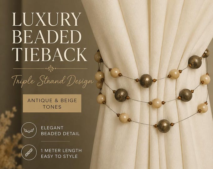 Luxury Triple Beaded Curtain Tieback | Antique Beige Metallic Ball Drapery Holdback | Elegant Curtain Decor | Window Tie Back | 1 Meter