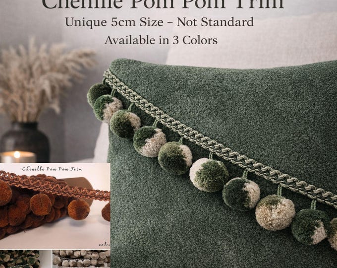 Soft Chenille Pom Pom Trim 5cm | Chenille Pom Pom Trim for Curtains, Cushions & Upholstery | Decorative Pom Trim by the Meter