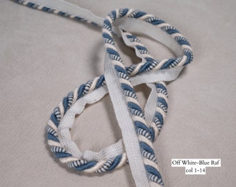 Cable de tubería con bridas Relax de 10 mm o 6 mm / Cordón de tapicería grueso azul Raf blanco apagado con cinta / Vendido por metro