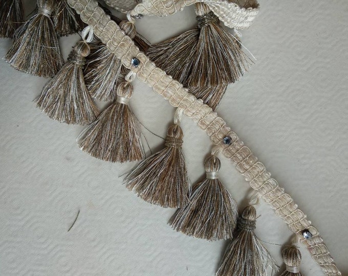 Beige Ivory Beaded Trim Fringe |10cm-3.94" height | Diamond Collection | Gold Fringe Trimming with crystal beads and strass