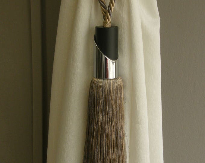 Grey Beige, Black Wood-Inox Metal Tassel, Luxury Contemporary Tieback, Curtains Holdbacks