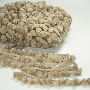 Dark Beige 100% Cotton Pom Pom Trim Fringe | 4.5cm-1.77 inches Height Lace Ribbon Fringe Trim by the meter