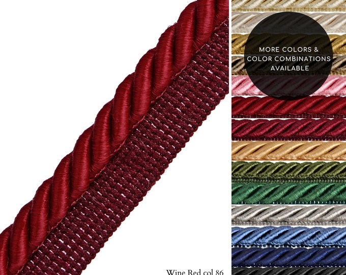 10mm or 6mm Rayon Twisted Flanged Piping Cord | Wine Red Upholstery Piping Cord by the meter